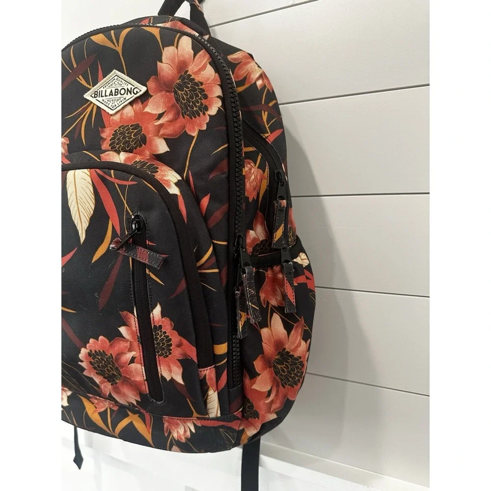 Billabong Roadie Black & Orange Tropical Floral Print Large Backpack 18